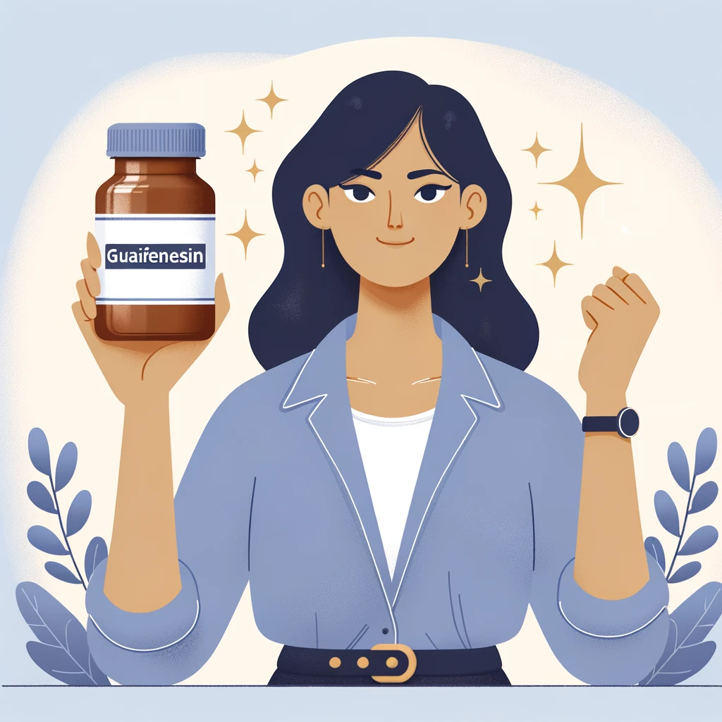 Guaifenesin for Fibromyalgia: Does it Work? 2 DALL·E 2023 10 29 13.45.20 Illustration An empowered woman holding a medicine bottle labeled Guaifenesin highlighting its potential use for fibromyalgia treatment
