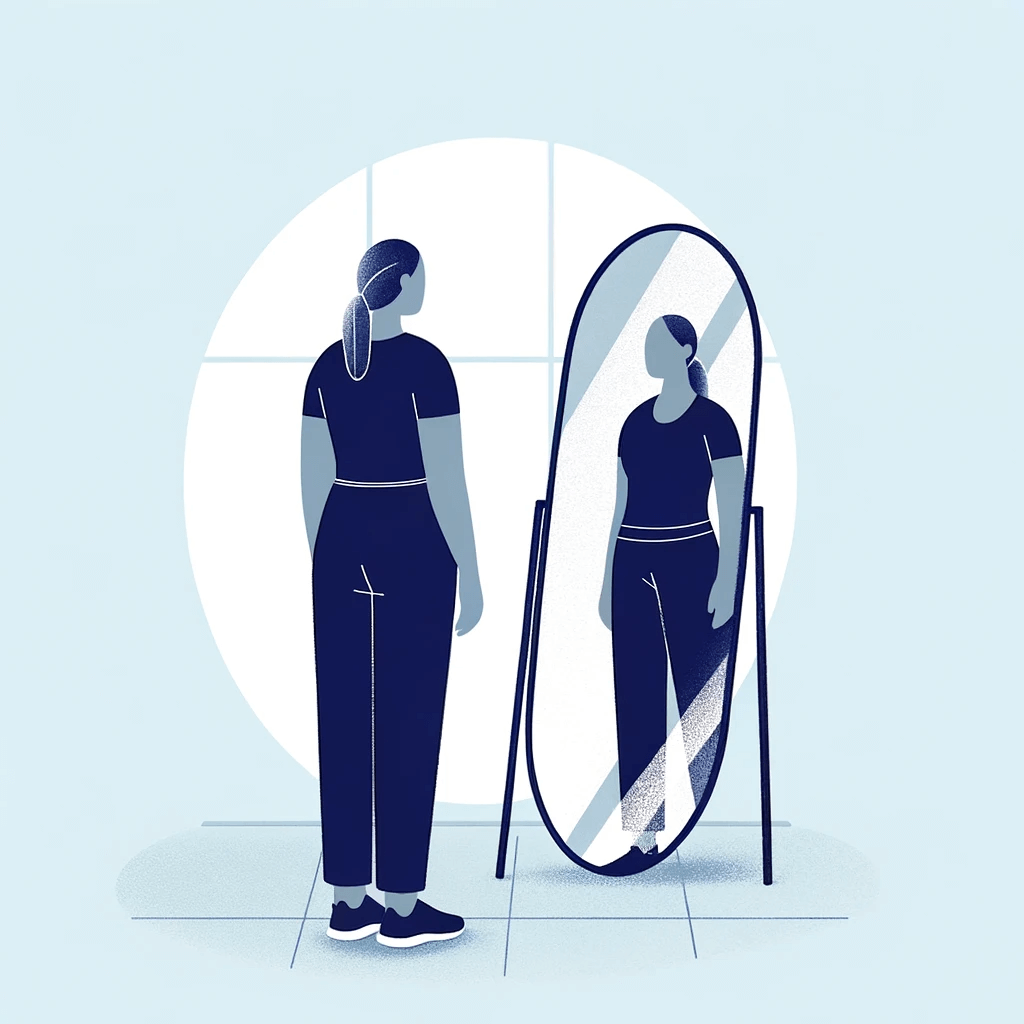 Unveiling the Connection: Understanding Fibromyalgia and Weight Gain 3 DALL·E 2023 11 10 09.42.58 Illustration of a woman in a fitness attire standing in front of a mirror with a reflective expression symbolizing the concern and self awareness re 1