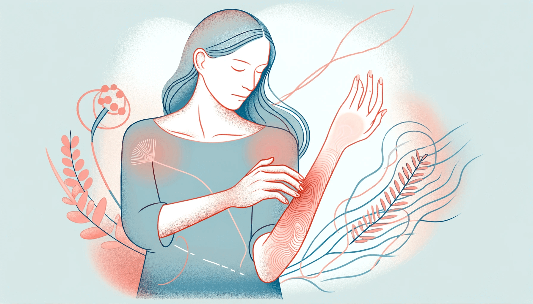 DALL·E 2023 12 25 13.55.34 Illustration for the keyword Understanding Fibromyalgia and Skin Sensitivities image 1 The first image portrays a woman experiencing skin sensitiv 1