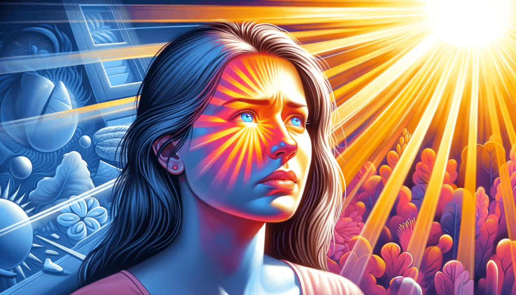 DALL·E 2024 01 28 13.47.41 Illustration for the keyword Fibromyalgia and Light Sensitivity image 1 This image depicts a woman with fibromyalgia experiencing light sensitivit 1