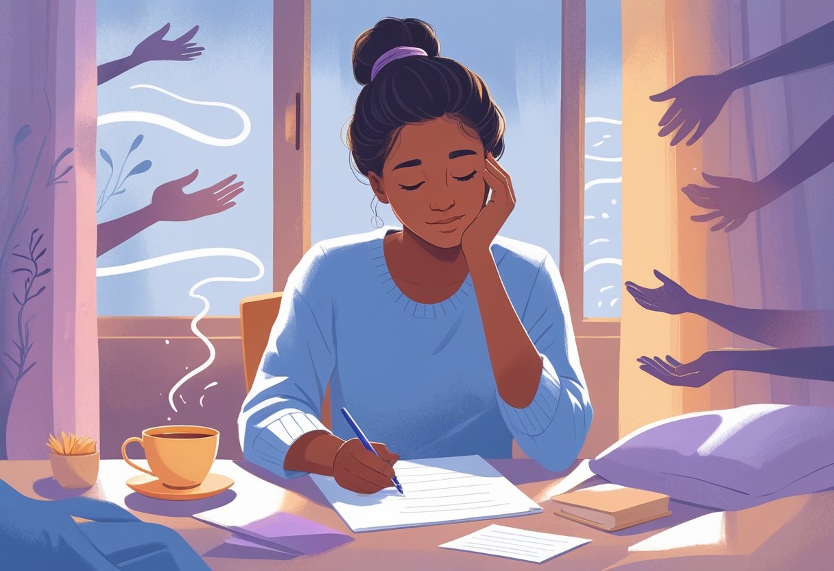 A Letter to My Loved Ones: 6 Things I Desperately Need You to Understand About My Fibromyalgia and How You Can Support Me 2 A person sitting at a desk, thoughtfully writing a letter in a cozy room with comforting objects and subtle symbols of pain and support around them.