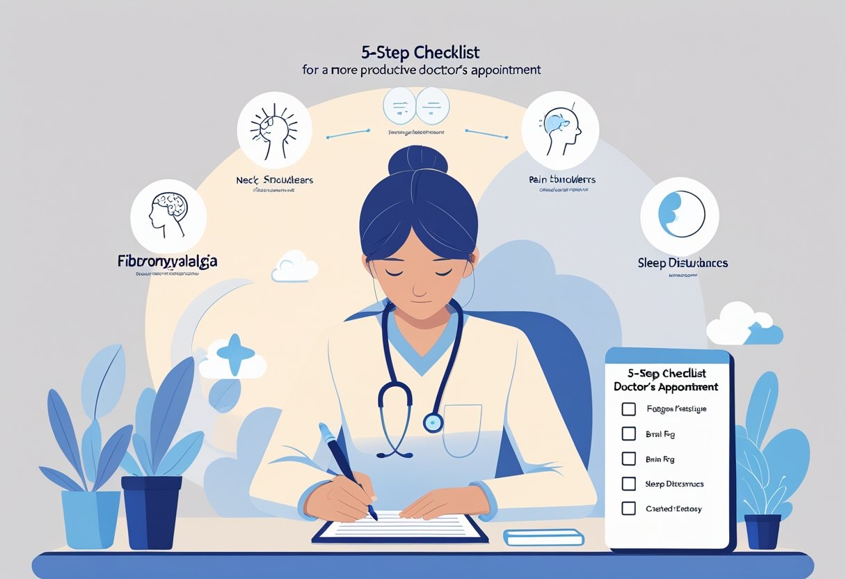 A person sitting at a desk writing a list, surrounded by subtle icons representing fibromyalgia symptoms like pain points, fatigue, and brain fog, with a checklist nearby.