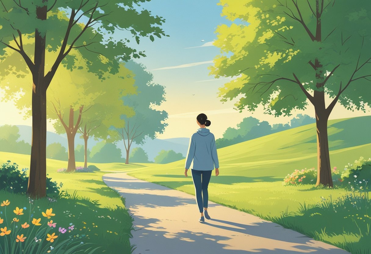 A person walking slowly on a peaceful park path surrounded by trees and flowers under soft morning sunlight.