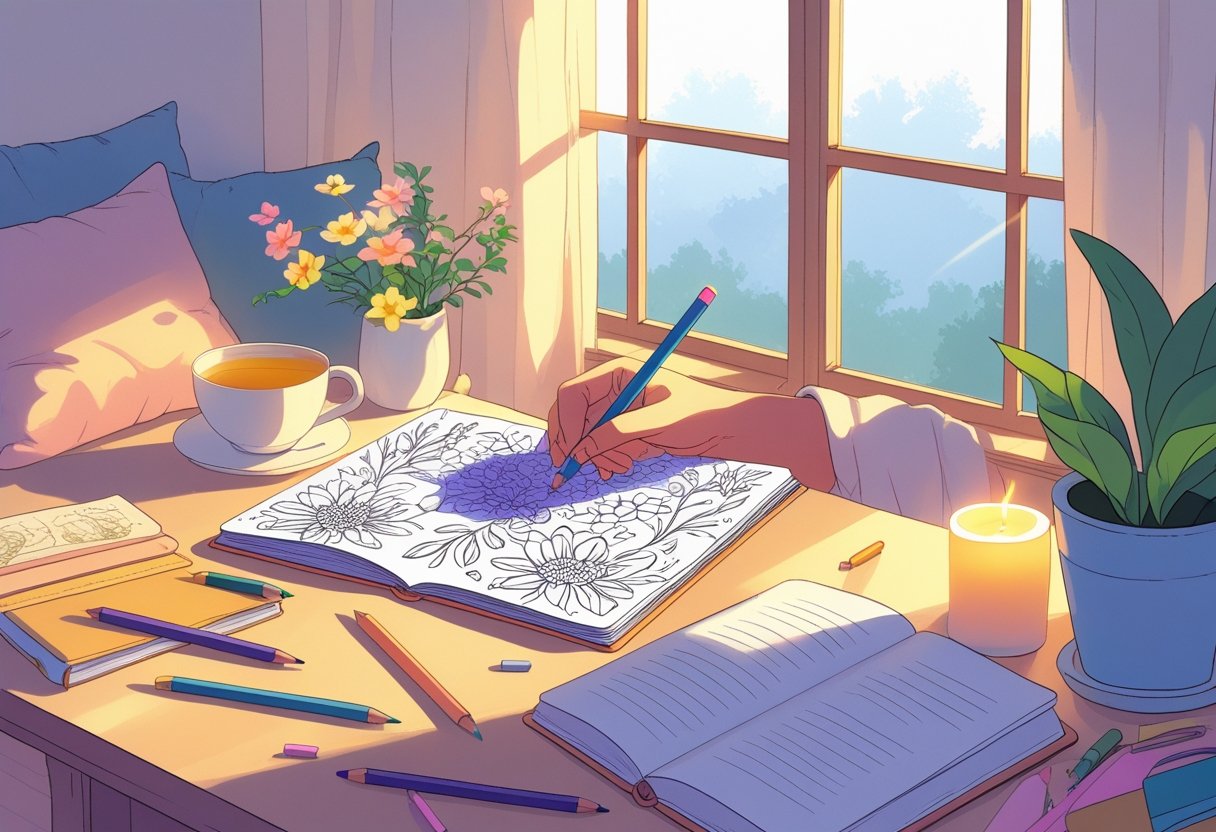 A person coloring in a floral book and journaling at a wooden table with a cup of tea, a plant, and a candle in a sunlit room.