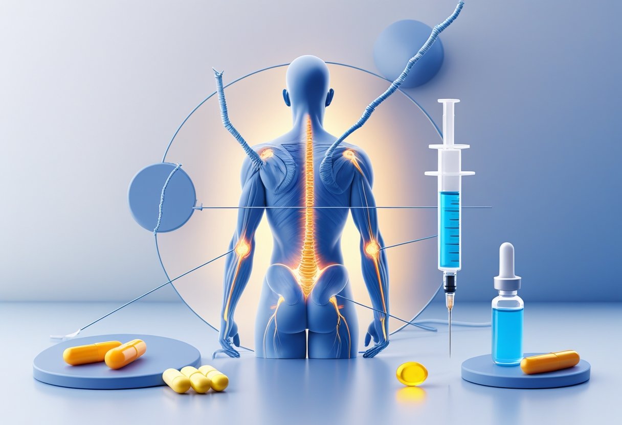 A human figure showing areas affected by fibromyalgia surrounded by illustrations of hormone treatment forms including pills, injections, patches, and vials.