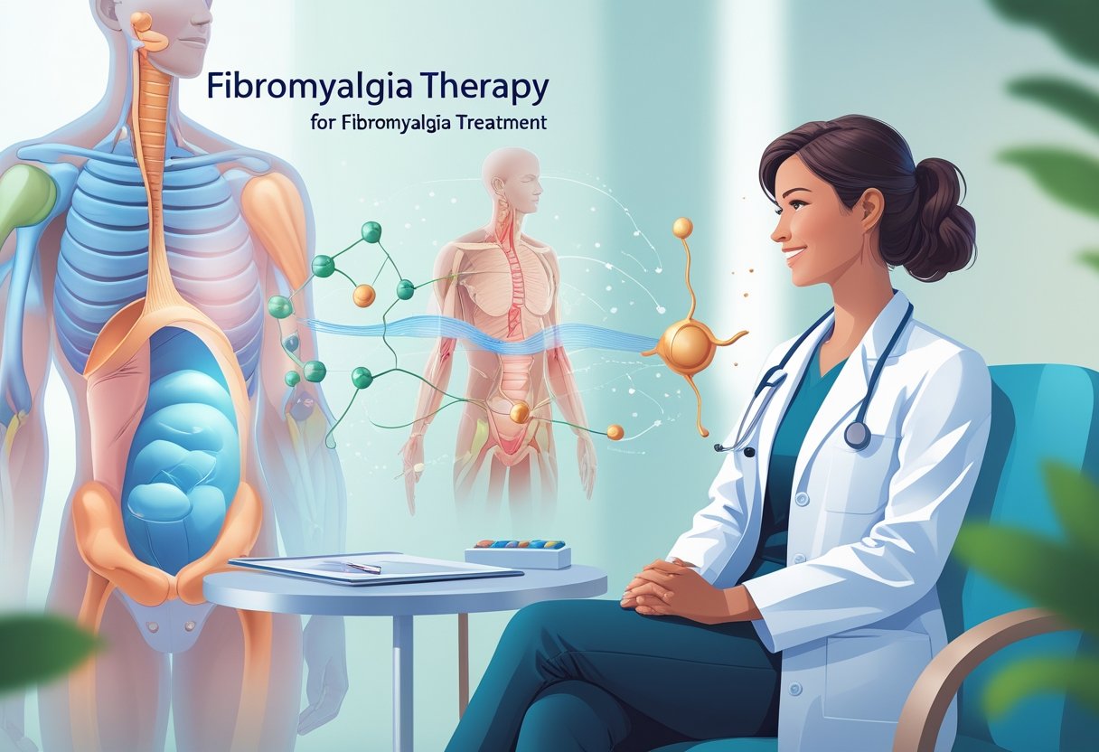 A doctor explains hormone therapy to a patient with visual diagrams showing affected muscles and hormone molecules interacting with the body.